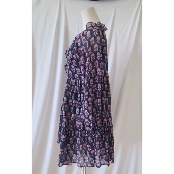 Megan Lane Navy Pink Floral Block Print Tiered A-Line Dress Cotton Small - Picture 6 of 10